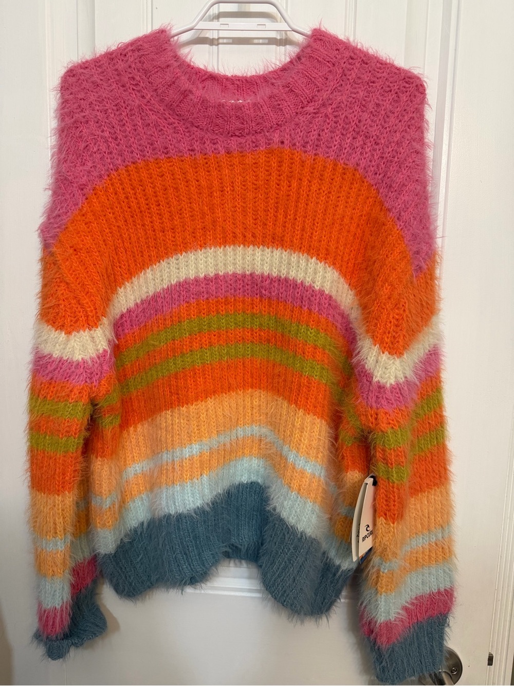 Rip Curl Multicolor Fuzzy Crewneck Sweater in Pink, Orange, Green, Blue, Cream